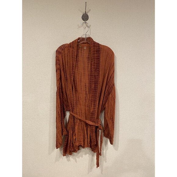 Free People FP One Sasha Cardigan Womens M/L Rust Orange Boho Gauze Belted Kimon - Picture 2 of 4